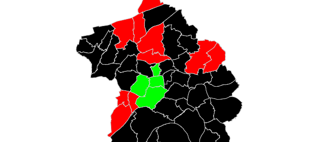 So haben die Stadtteile von Essen den Stadtrat 2020 gewählt. Farbige Grafik der Stadt.