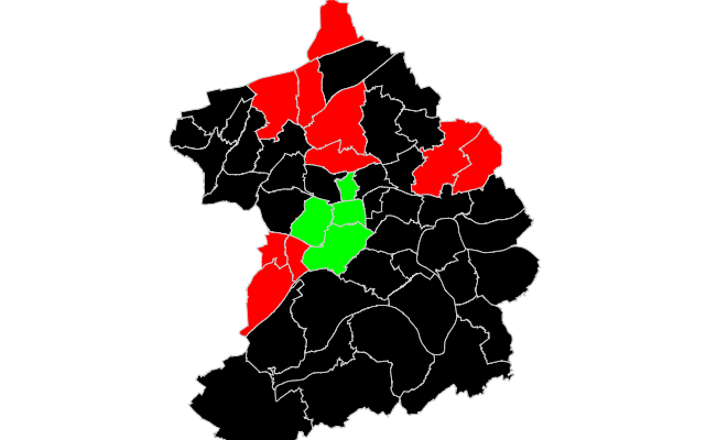 So haben die Stadtteile von Essen den Stadtrat 2020 gewählt. Farbige Grafik der Stadt.