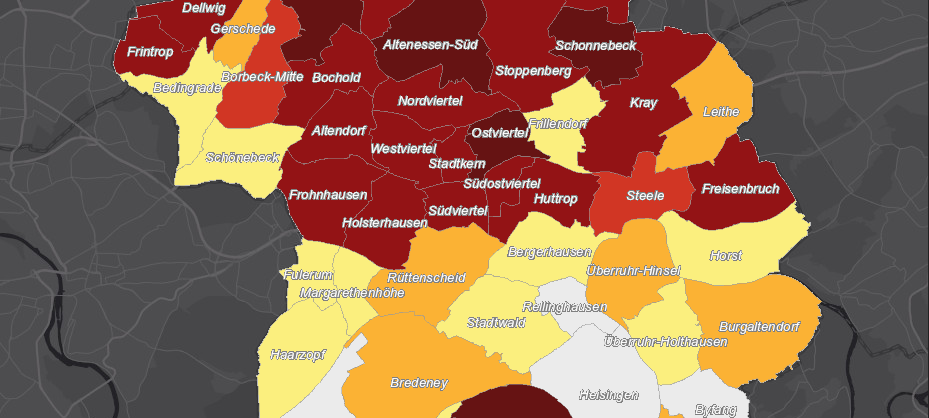 Die Inzidenz nach Stadtteilen zeigt weiter ein klares Nord-Süd-Gefälle in Essen.
