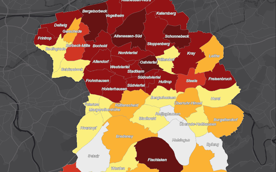 Die Inzidenz nach Stadtteilen zeigt weiter ein klares Nord-Süd-Gefälle in Essen. 
