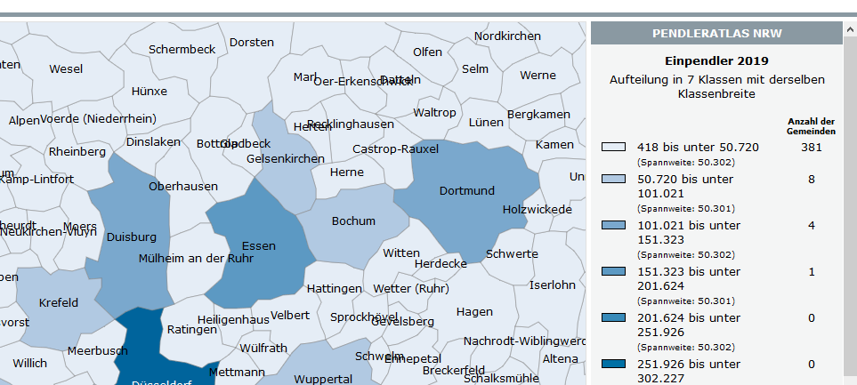 Der Pendleratlas von IT.NRW zeigt in verschiedenen Grafiken die Pendlerströme in NRW.