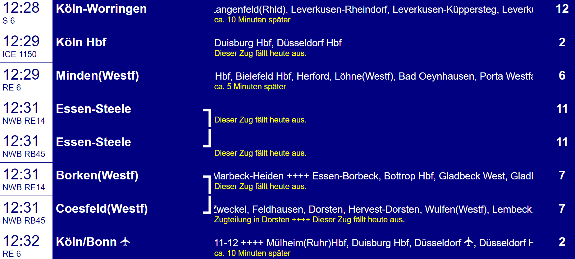 Die Bahnhofstafel am Dienstagmittag für Essen Hauptbahnhof zeigt viele Ausfälle an.