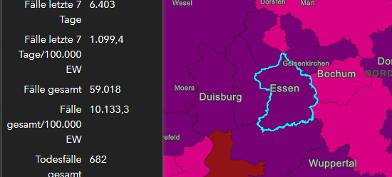 Das RKI-Dashboard zeigt Essen in lila mit einer Inzidenz über 1000.
