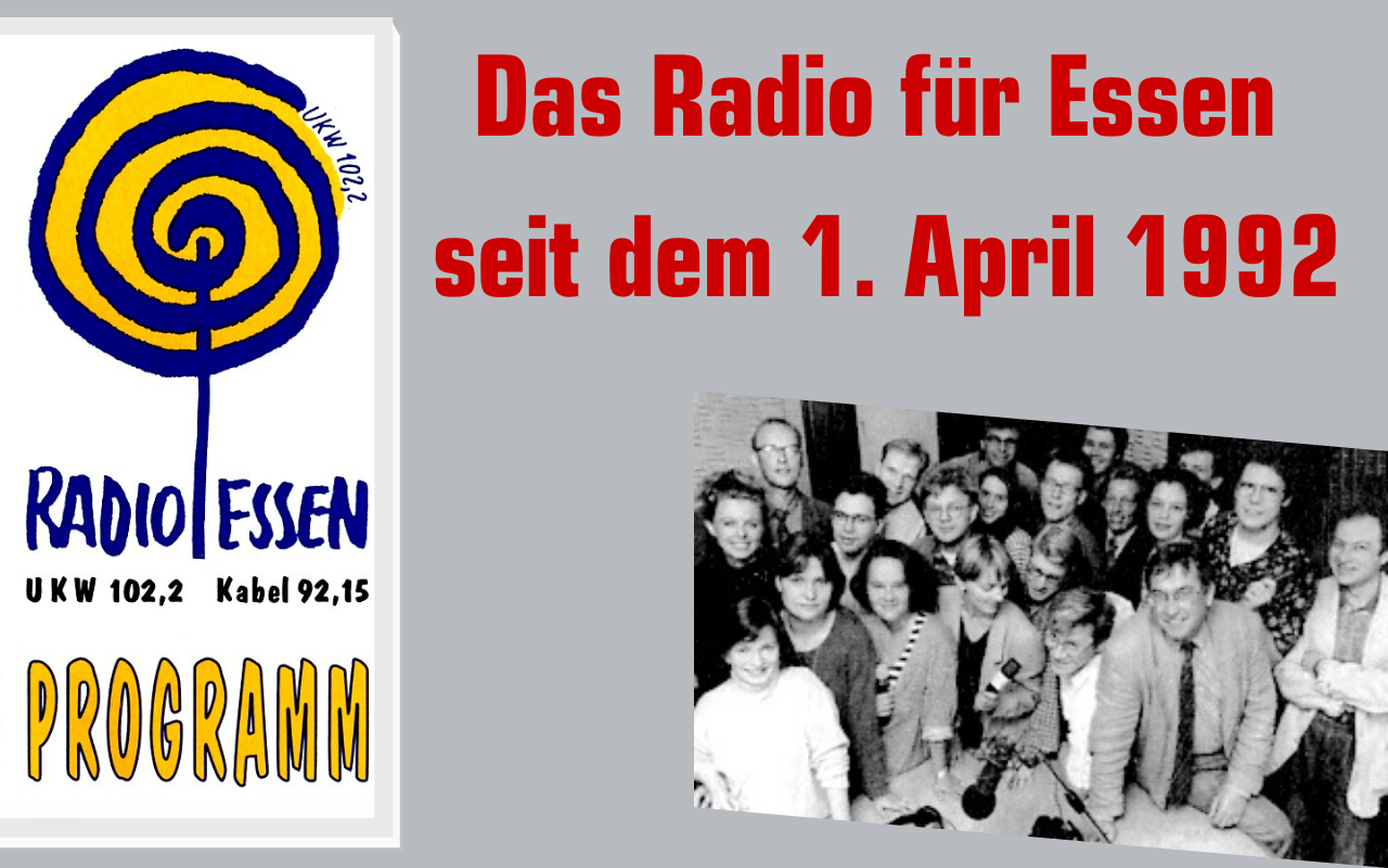 Am 1. April 1992 ist Radio Essen auf Sendung gegangen, hier sichtbar mit altem Logo und erstem Redaktionsteam.