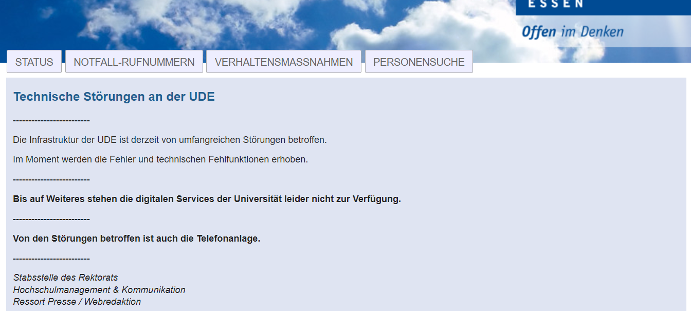 Die Uni Duisburg-Essen meldet derzeit eine massive technische Störung.