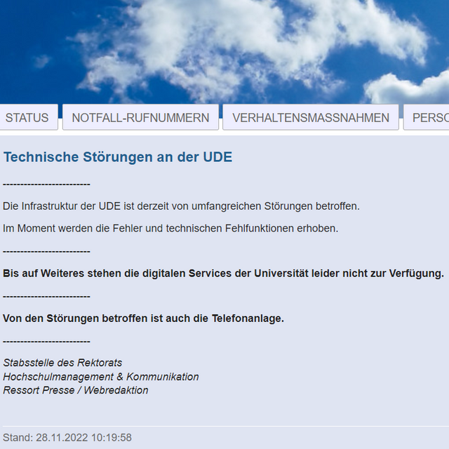 Die Uni Duisburg-Essen meldet derzeit eine massive technische Störung.