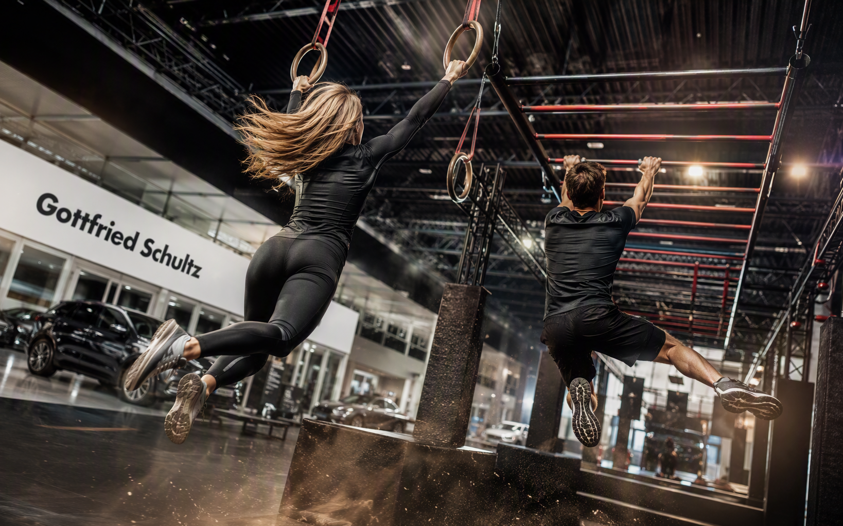 Zwei Ninja Athleten beim Ninja Cup Essen by Gottfried Schultz. KI-generiert.