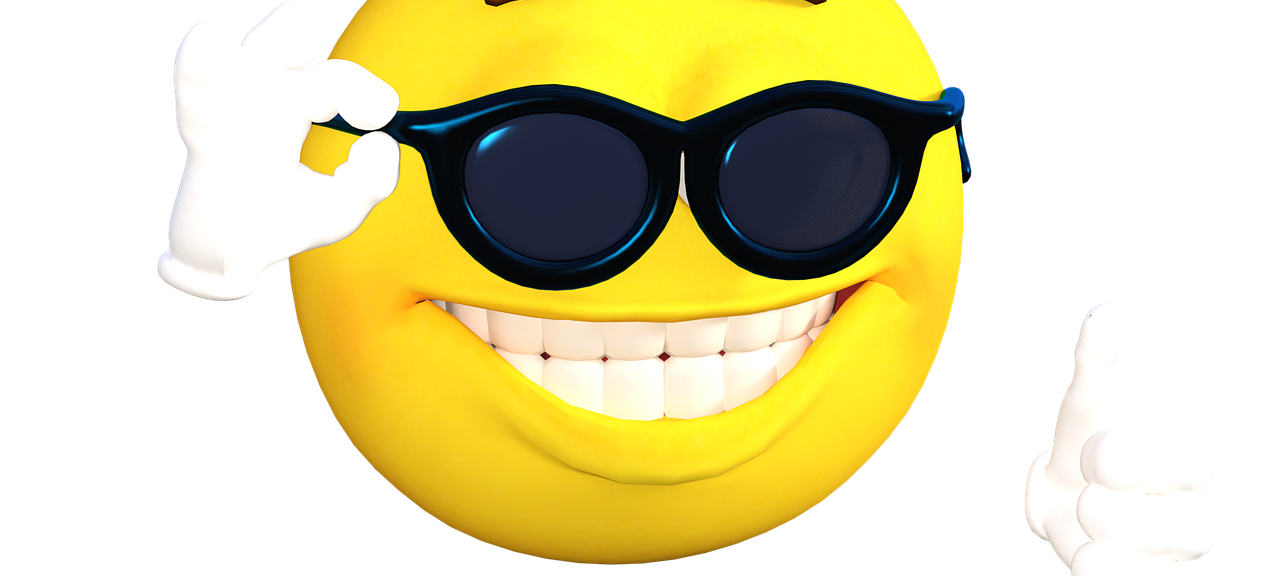 Emoji mit Sonnenbrille, dicken Grinsen und Daumen hoch