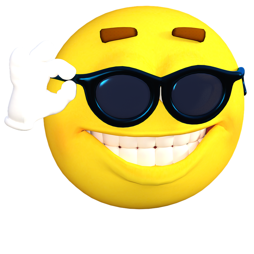 Emoji mit Sonnenbrille, dicken Grinsen und Daumen hoch