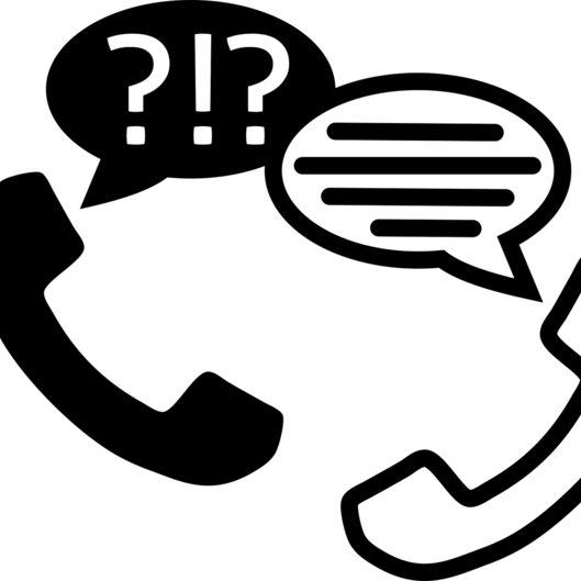 Zwei Telefonhörer in schwarz-weiß mit zwei Sprechblasen. In der einen stehen Fragezeichen, in der anderen Linien, die einen Text symbolisieren.