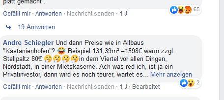 Facebookkommentare, die dem Neubau des Stadtteils Essen 51 kritisieren