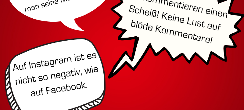 Kommentare über Facebook in weißen Sprechblasen auf rotem Hintergrund