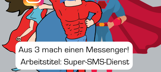 Drei Superhelden mit den Logos von Facebook, Instagram und WhatsApp als Köpfen für den geplanten Super-SMS-Dienst.
