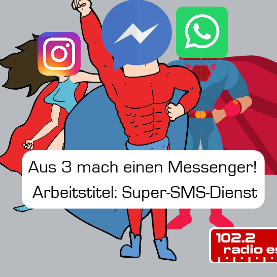 Drei Superhelden mit den Logos von Facebook, Instagram und WhatsApp als Köpfen für den geplanten Super-SMS-Dienst.