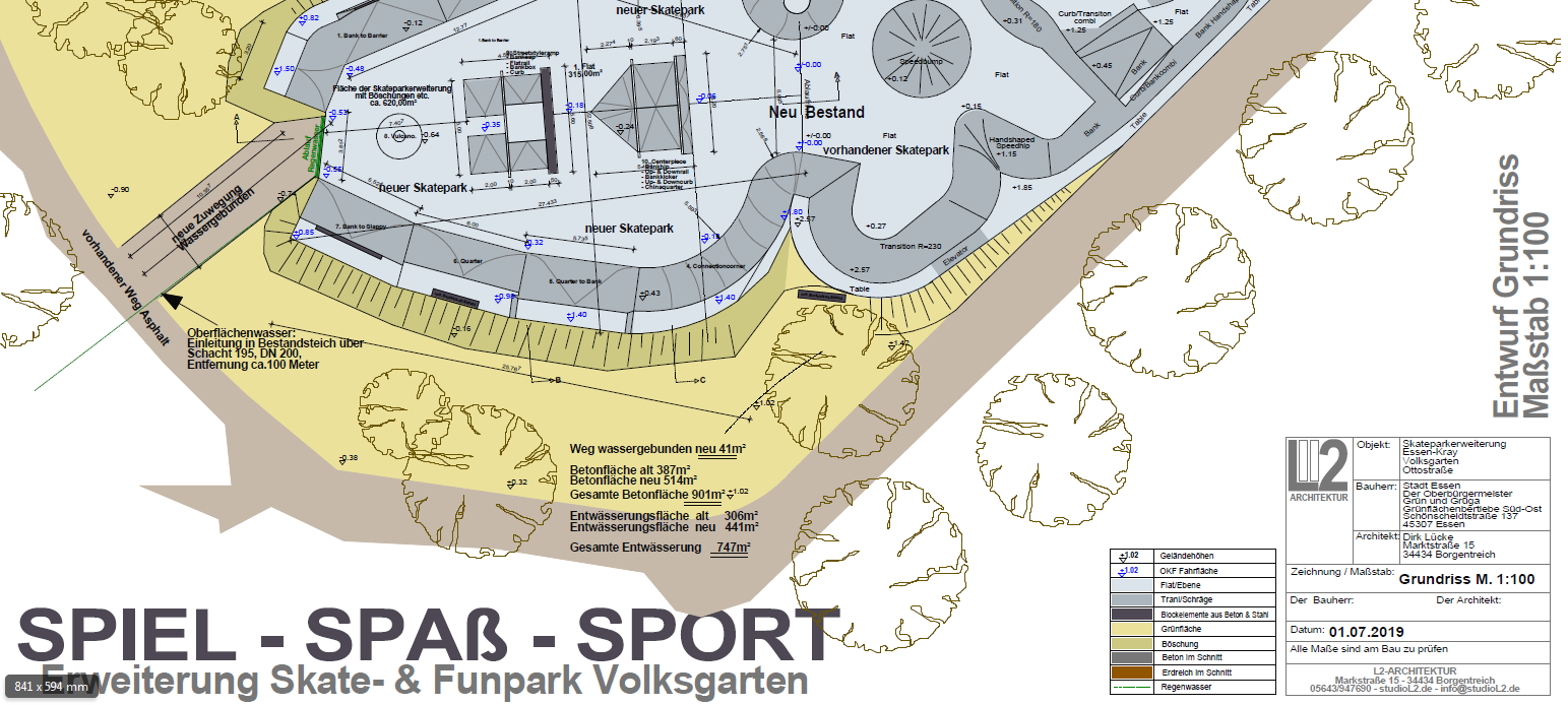 Der Entwurf der Skateranlage sieht vor, dass am jetzt offenen Teil erweitert wird. Am Ende ist die Anlage mehr als doppelt so groß wie jetzt.