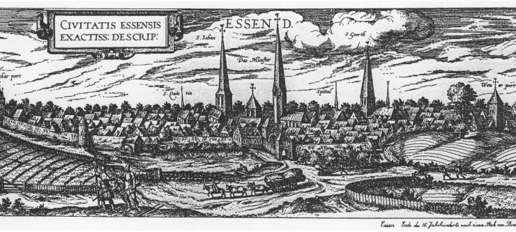 Alte Stadtkarte von Essen zeigt einen Teich im Mittelalter vor der Ostseite der Stadt.