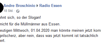 Posting eines Radio Essen-Hörers zu einer Geschichte mit Müllmännern und Lidl.