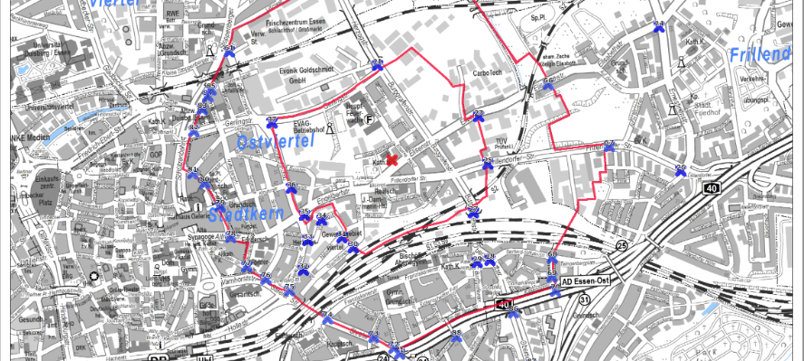Die Evakuierungskarte für die Bomben-Entschärfung in Essen an der Elisenstraße.